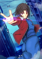 Rule 34 | 1girl, ass, blurry, brown eyes, brown hair, bubble, dutch angle, expressionless, foreshortening, fur-trimmed jacket, fur trim, highres, iro (sekaixiro), jacket, japanese clothes, kara no kyoukai, kimono, long sleeves, looking at viewer, open clothes, open jacket, outstretched arm, red jacket, ryougi shiki, short hair, smile, solo, type-moon, water drop