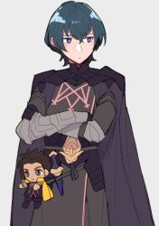 Rule 34 | 1boy, armor, black armor, black cape, black gloves, blue hair, byleth (fire emblem), byleth (male) (fire emblem), cape, character doll, claude von riegan, closed mouth, crossed arms, dagger, do m kaeru, doll, expressionless, fire emblem, fire emblem: three houses, gauntlets, gloves, grey background, hair between eyes, knife, looking away, male focus, nintendo, purple eyes, sheath, sheathed, short hair, simple background, weapon