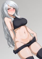 Rule 34 | 1girl, absurdres, bad id, bad pixiv id, bare shoulders, black panties, black thighhighs, blush, breasts, clothes pull, embarrassed, grey background, groin, highres, large breasts, long hair, looking at viewer, midriff, navel, original, oxxo (dlengur), panties, red eyes, shorts, shorts pull, sideboob, silver hair, simple background, solo, standing, thighhighs, underwear