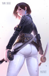 Rule 34 | 1girl, absurdres, arms at sides, artist name, ass, warrior of light (ff14), belt, belt pouch, brown hair, character name, combat knife, commentary, dual wielding, english commentary, closed eyes, final fantasy, final fantasy xiv, floating hair, from behind, highres, holding, holding knife, holding weapon, hyur, jacket, knife, lips, long sleeves, looking at viewer, looking back, medium hair, ninja (final fantasy), pants, pat (patvit), pouch, red eyes, smile, solo, twisted torso, weapon, white pants