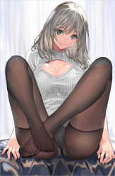 Rule 34 | 1girl, ass, blush, breasts, cleavage, cleavage cutout, closed mouth, clothing cutout, feet, green eyes, grey hair, hair between eyes, large breasts, legs, leotard, long hair, long sleeves, looking at viewer, meme attire, open-chest sweater, original, pantyhose, ran&#039;ou (tamago no kimi), ribbed leotard, ribbed sweater, smile, solo, sweater, thighband pantyhose, thighs, white sweater