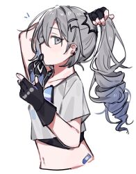 Rule 34 | 1girl, black gloves, drill hair, drill ponytail, emne, fingerless gloves, gloves, grey eyes, grey hair, hair tie, hair tie in mouth, honkai: star rail, honkai (series), long hair, looking at viewer, mouth hold, shirt, short sleeves, silver wolf (honkai: star rail), simple background, solo, upper body, white background, white shirt