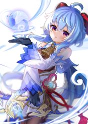 Rule 34 | ahoge, anmeshi, bare shoulders, bell, black gloves, black legwear, blue hair, blush, bow (weapon), breasts, chinese knot, detached sleeves, flower knot, ganyu (genshin impact), genshin impact, gloves, gold trim, highres, holding, holding bow (weapon), holding weapon, horns, long hair, looking at viewer, low ponytail, magic, neck bell, orb, parted lips, purple eyes, qilin (mythology), red rope, rope, sidelocks, solo, standing, tassel, triangle mouth, vision (genshin impact), weapon, white background, white sleeves, wind