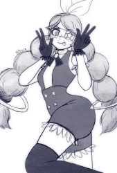 Rule 34 | 1girl, annie (skullgirls), braid, double v, eyepatch, greyscale, highres, long hair, monochrome, official alternate costume, pata n, puffy pants, skullgirls, smile, solo, thighhighs, tongue, tongue out, twin braids, v