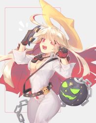 Rule 34 | 1girl, ankh, bad id, bad pixiv id, belt buckle, blonde hair, bodysuit, breasts, buckle, chain, cleavage, spiked halo, gloves, guilty gear, gyae (rladpdnjs29), halo, jack-o&#039; valentine, long hair, looking at viewer, multicolored hair, open mouth, red eyes, red hair, white bodysuit
