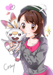 Rule 34 | 1girl, artist name, bob cut, brown eyes, brown hair, cardigan, commentary request, cray, creatures (company), game freak, gen 8 pokemon, gloria (pokemon), green headwear, grey cardigan, hat, heart, highres, holding, holding pokemon, long sleeves, looking at viewer, nintendo, pokemon, pokemon (creature), pokemon swsh, scorbunny, short hair, signature, simple background, smile, sparkle, tam o&#039; shanter, white background