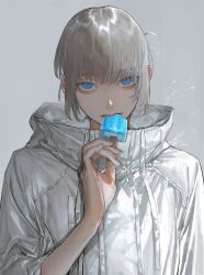 Rule 34 | 1boy, au (d elete), biting, collared jacket, fate/grand order, fate (series), food, food in mouth, hand up, highres, holding, holding food, holding popsicle, jacket, looking at viewer, male focus, popsicle, popsicle in mouth, portrait, sanpaku, short ponytail, simple background, sleeves rolled up, solo, white hair, white jacket