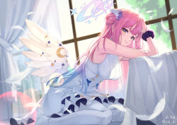 Rule 34 | 1girl, absurdres, artist name, bld zi, blue archive, blue hair, commentary request, curtains, dress, feathers, gradient hair, hair bun, halo, highres, korean commentary, light smile, long hair, looking at viewer, mika (blue archive), multicolored hair, pantyhose, pink hair, purple scrunchie, scrunchie, single hair bun, sitting, sleeveless, sleeveless dress, smile, solo, twitter username, white dress, white pantyhose, white wings, window, wings, wrist scrunchie