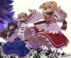 Rule 34 | 3girls, black hair, blonde hair, blue dress, blush, crossed arms, dress, drill hair, fairy, fairy wings, flying, hat, juliet sleeves, light, long hair, long sleeves, luna child, mary janes, mizumoto tadashi, multiple girls, one eye closed, open mouth, orange hair, photokinesis, puffy sleeves, red dress, shoes, star sapphire, sunny milk, sweatdrop, touhou, trembling, white dress, white hat, wide sleeves, wings
