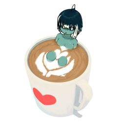Rule 34 | 1girl, :p, blue hair, blue sclera, colored sclera, colored skin, commentary, cup, dusty (ddusty), english commentary, fins, food, green skin, head fins, heart, highres, in container, in cup, in food, knees up, latte art, looking at viewer, monster girl, mug, multicolored hair, nude, original, partially submerged, print mug, short hair, sitting, solo, streaked hair, sweat, tongue, tongue out, white background, white hair