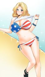 Rule 34 | 1girl, american flag bikini, arm support, bikini, black footwear, blonde hair, blue eyes, blush, bracelet, breasts, cleavage, closed mouth, clothes lift, commentary, derivative work, flag print, girls und panzer, hair intakes, head, jewelry, kay (girls und panzer), large breasts, leaning to the side, legs, lifted by self, long hair, looking at viewer, navel, sasaki tatsuya, shirt, shirt lift, shoes, side-tie bikini bottom, smirk, solo, sparkle, standing, swimsuit, tank top, white shirt