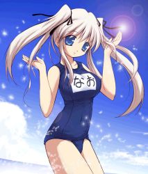 Rule 34 | 1girl, blue eyes, breasts, day, jpeg artifacts, large breasts, mabinogi, name tag, nao (mabinogi), one-piece swimsuit, school swimsuit, sky, solo, swimsuit, twintails, white hair