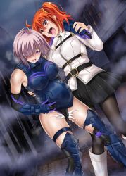 Rule 34 | 2girls, armor, armored boots, armored leotard, bodysuit, boots, breastplate, creature, cyclone (reizei), elbow gloves, fate/grand order, fate (series), fujimaru ritsuka (female), ghost, gloves, high heel boots, high heels, purple eyes, purple hair, leotard, mash kyrielight, monster, multiple girls, orange eyes, orange hair, pantyhose, pregnant, purple eyes, spirit, sweat, thighhighs, vaginal, what