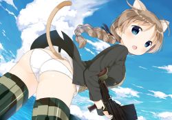 Rule 34 | 1girl, animal ears, ass, blue eyes, blush, braid, braided ponytail, brown hair, butt crack, cat ears, cat tail, commentary request, from behind, gun, looking back, lynette bishop, machine gun, muku (muku-coffee), open mouth, panties, single braid, solo, strike witches, striker unit, sweater vest, tail, underwear, uniform, weapon, white panties, world witches series
