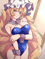 Rule 34 | 1girl, absurdres, blonde hair, blue leotard, blush, breasts, cleavage, closed mouth, commentary, covered navel, cowboy shot, detached collar, fox tail, gokuu (acoloredpencil), hat, highres, large breasts, leotard, looking at viewer, mob cap, multiple tails, playboy bunny, short hair, solo, tail, touhou, wrist cuffs, yakumo ran, yellow eyes