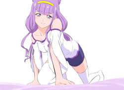 Rule 34 | 1girl, all fours, blue shorts, breasts, closed mouth, clothing cutout, collarbone, eyelashes, fuchi (nightmare), hairband, hugtto! precure, long hair, long sleeves, looking at viewer, medium breasts, precure, purple eyes, purple hair, ruru amour, short shorts, shorts, shoulder cutout, simple background, smile, solo, thighhighs, very long hair, white background, white sleeves, white thighhighs, yellow hairband, zettai ryouiki