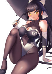 Rule 34 | 1girl, absurdres, azur lane, bare shoulders, black footwear, black hair, black pantyhose, bow, breasts, cleavage, cleavage cutout, clothing cutout, cowboy shot, elbow gloves, fingerless gloves, gloves, hair bow, hair flaps, high heels, highres, large breasts, long hair, looking at viewer, multicolored leotard, pantyhose, parted lips, ponytail, race queen, seele0907, simple background, sitting, solo, takao (azur lane), takao (full throttle charmer) (azur lane), two-tone leotard, umbrella, white background, white bow, yellow eyes