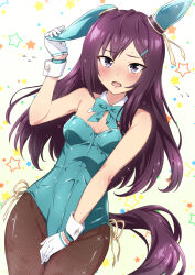 Rule 34 | 1girl, alternate costume, animal ears, black hair, blush, breasts, commentary request, covering privates, covering crotch, gloves, hair ornament, hairclip, highres, horse ears, horse girl, horse tail, leotard, looking at viewer, medium breasts, mejiro dober (umamusume), nakahira guy, open mouth, pantyhose, playboy bunny, purple eyes, ribbon, solo, tail, umamusume, white background
