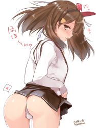 Rule 34 | 1girl, ass, blush, brown eyes, brown hair, clothes lift, hat, highres, kantai collection, lifted by self, long hair, looking at viewer, microskirt, one-hour drawing challenge, open mouth, panties, pleated skirt, ryuujou (kancolle), shirt, simple background, skirt, smile, solo, suspender skirt, suspenders, takase muh, translation request, twintails, underwear, visor cap, white background, white panties, white shirt
