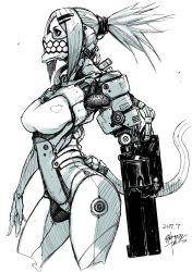Rule 34 | 1girl, 2017, absurdres, dated, greyscale, gun, hair ornament, hairclip, handgun, highres, mask, mechanical arms, medium hair, monochrome, original, ponytail, revolver, signature, simple background, single mechanical arm, sketch, solo, standing, tail, tight clothes, tsuyoshi takaki, weapon, white background