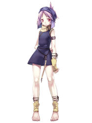Rule 34 | 1girl, anklet, arm behind back, armlet, barefoot, blazing souls, character request, expressionless, feet, full body, hand on own arm, hirano katsuyuki, jewelry, official art, purple hair, red eyes, short hair, skirt, solo, spectral (series), white background