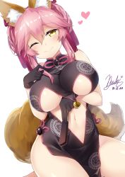 Rule 34 | 1girl, animal ear fluff, animal ears, bare shoulders, black dress, black gloves, blush, breasts, china dress, chinese clothes, cleavage, closed mouth, dress, fate/grand order, fate (series), folding fan, fox ears, fox tail, gloves, hair between eyes, hair ribbon, hand fan, heart, highres, koyanskaya (chinese lostbelt outfit) (fate), koyanskaya (fate), large breasts, looking at viewer, navel, one eye closed, pink hair, pink ribbon, revision, ribbon, side slit, simple background, smile, solo, subaru (794829485), tail, tamamo (fate), tamamo no mae (fate/extra), upper body, white background, yellow eyes
