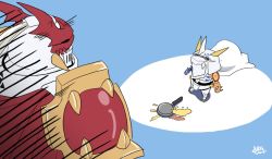 Rule 34 | 2boys, artist request, chopper crying (meme), cookie, crying, crying with eyes open, digimon, digimon (creature), dukemon, food, frying pan, full body, looking at another, looking up, meme, multiple boys, omegamon, one piece, parody, royal knights, sad, simple background, tears