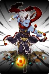 Rule 34 | 1boy, ball, blue skin, boots, bracelet, brown footwear, castor (soccer spirits), clenched hands, colored skin, comiccho, demon horns, earrings, gloves, highres, horns, jewelry, looking to the side, male focus, official art, pointy ears, red eyes, red scarf, ring, running, scarf, single glove, soccer ball, soccer spirits, white gloves, white hair