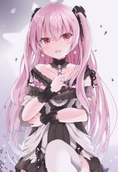 Rule 34 | 1girl, absurdres, bare shoulders, black collar, collar, collarbone, commentary request, detached collar, earrings, gothic lolita, gray ceon, hair between eyes, highres, hololive, jewelry, lolita fashion, long hair, looking at viewer, open mouth, pink hair, red eyes, skull collar, smile, solo, thighhighs, two side up, uruha rushia, uruha rushia (3rd costume), virtual youtuber, white thighhighs, wrist cuffs