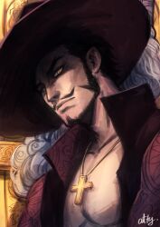 Rule 34 | 1boy, artist name, attyattlaw, beard, black hair, closed mouth, commentary, cross, cross necklace, dracule mihawk, facial hair, hat, hat feather, highres, jewelry, male focus, mustache, necklace, one piece, open clothes, short hair, sideburns, signature, solo, yellow eyes