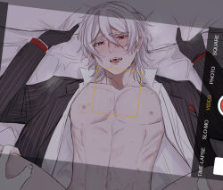 Rule 34 | 2boys, antonio salieri (fate), antonio salieri (second ascension) (fate), bed sheet, bite mark, bite mark on chest, bite mark on neck, black gloves, black jacket, blush, collared shirt, crying, crying with eyes open, cum, cum on body, drooling, facial recognition, fake phone screenshot, fake screenshot, fate/grand order, fate (series), furrowed brow, gloves, hair between eyes, hand on another&#039;s thigh, hickey, jacket, lapels, long sleeves, looking at viewer, lying, male focus, missionary, multiple boys, nipples, notched lapels, on back, on bed, open clothes, open jacket, open mouth, open shirt, out-of-frame censoring, penis out of frame, pillow, pinstripe jacket, pinstripe pattern, red eyes, saliva, sheet grab, shirt, short hair, solo focus, spread legs, striped clothes, striped jacket, sumi (gfgf 045), sweat, taking picture, tears, vertical-striped clothes, vertical-striped jacket, viewfinder, white hair, white shirt, yaoi