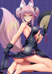 Rule 34 | 1girl, animal ears, ass, bare shoulders, barefoot, black gloves, breasts, breasts out, butt crack, china dress, chinese clothes, dress, fang, fate/grand order, fate (series), feet, fox ears, from behind, glasses, gloves, hand fan, hat, highres, kneeling, koyanskaya (chinese lostbelt outfit) (fate), koyanskaya (fate), large breasts, long hair, looking at viewer, looking back, nipples, no panties, open mouth, pink hair, shiny skin, smile, solo, tail, tamamo (fate), teeth, yellow eyes, youshuu