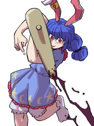 Rule 34 | 1girl, absurdres, ambiguous red liquid, animal ears, bloomers, blue hair, blue shirt, blue sky, commentary, crescent print, earclip, eddybird55555, english commentary, highres, kine, looking at viewer, low twintails, mallet, medium hair, rabbit ears, rabbit girl, red eyes, ringed eyes, seiran (touhou), shirt, short sleeves, simple background, sky, smile, socks, solo, star (symbol), star print, touhou, twintails, underwear, white background, white socks