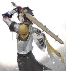 Rule 34 | 1boy, armor, bad id, bad twitter id, bishounen, black capelet, black hair, capelet, fate/grand order, fate (series), fighting stance, from behind, gloves, grey eyes, hair strand, highres, holding, holding sword, holding weapon, looking to the side, lying, male focus, mandricardo (fate), multicolored hair, okuno naru (exoprsa), on back, over shoulder, pauldrons, red gloves, shield, short hair, shoulder armor, simple background, solo, spikes, streaked hair, swept bangs, sword, weapon, weapon over shoulder, white hair