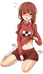 1girl bad_id bad_pixiv_id blush braid brown_hair clothes_lift drooling female_focus long_hair madotsuki midriff navel open_mouth pink_shirt pltrgst red_eyes saliva shirt shirt_lift sitting skirt skirt_tug socks solo sweater twin_braids twintails wariza white_background yume_nikki