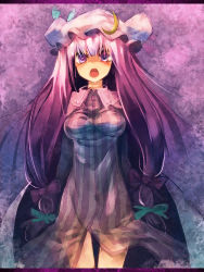 Rule 34 | 1girl, angry, border, bow, breasts, crescent, female focus, hair bow, hat, highres, large breasts, long hair, multiple hair bows, open mouth, patchouli knowledge, purple eyes, purple hair, robe, shirt, solo, standing, striped, taut clothes, taut shirt, tears, thigh gap, thighs, touhou, ukyo rst