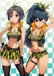 Rule 34 | 2girls, abs, absurdres, antenna hair, arm up, armpits, badge, bandeau, black eyes, black gloves, black hair, button badge, checkered background, collarbone, contrapposto, dog tags, fingerless gloves, ganaha hibiki, gloves, green eyes, grin, hand on own hip, highres, hood, hoodie, idolmaster, idolmaster (classic), kikuchi makoto, long hair, looking at viewer, midriff, mikel (4hands), multiple girls, navel, one eye closed, over-kneehighs, pleated skirt, scan, shirt, short hair, short shorts, shorts, skindentation, skirt, smile, standing, stomach, strapless, taut clothes, taut shirt, thigh strap, thighhighs, tube top, very long hair, vest, wink, wristband