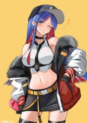 Rule 34 | 1girl, alternate costume, black headwear, black necktie, black skirt, black thighhighs, blue hair, breasts, brown eyes, collared shirt, dawn 1945, dress shirt, fur-trimmed jacket, fur trim, highres, jacket, kantai collection, large breasts, long hair, midriff, miniskirt, multicolored clothes, multicolored hair, multicolored jacket, navel, necktie, official alternate costume, one eye closed, orange background, red hair, shirt, simple background, skirt, sleeveless, sleeveless shirt, solo, south dakota (kancolle), thighhighs, white shirt