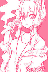 Rule 34 | 1girl, absurdres, animal ear headphones, animal ears, breasts, cigarette, clothes writing, collarbone, fake animal ears, hair between eyes, headphones, highres, holding, holding cigarette, holding microphone, jacket, long hair, microphone, monochrome, off shoulder, open clothes, open jacket, parted lips, pink background, pink theme, rabbit ear headphones, sidelocks, simple background, small breasts, smoke, solo, tank top, upper body, vocaloid, voiceroid, yusake san, yuzuki yukari