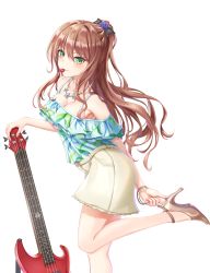 Rule 34 | 1girl, absurdres, adjusting footwear, ankle strap, bang dream!, bass guitar, black bow, blouse, blue flower, blue rose, blue shirt, bow, bracelet, breasts, brown footwear, brown hair, cleavage, collarbone, flower, frilled shirt, frills, from side, green eyes, hair bow, hair flower, hair ornament, half updo, high heels, highres, imai lisa, instrument, jewelry, leaf print, long hair, looking at viewer, medium breasts, miniskirt, mouth hold, multicolored shirt, necklace, off-shoulder shirt, off shoulder, plectrum, print shirt, pumps, rose, shirt, simple background, skirt, smile, solo, standing, standing on one leg, star-ring, star (symbol), star necklace, strappy heels, white background