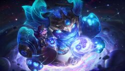 Rule 34 | 1boy, absurdres, black footwear, black gloves, blue eyes, commentary, constellation, cosmic paladins nunu, cosmic paladins willump, creature, english commentary, extra arms, galaxy, gloves, highres, holding, holding wand, hood, hoodie, in orbit, league of legends, nunu (league of legends), official art, open mouth, orb, orbited, pepeno, planet, red hoodie, sitting, sky, smile, space, star (sky), starry sky, teeth, wand, white hair, willump
