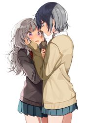 Rule 34 | 2girls, androgynous, black hair, black sweater, blue eyes, blue skirt, blush, bow, bowtie, brown sweater, closed mouth, collared shirt, cowboy shot, eye contact, from side, hands on another&#039;s cheeks, hands on another&#039;s face, height difference, highres, long hair, long sleeves, looking at another, looking down, looking up, miniskirt, multiple girls, open mouth, original, pleated skirt, profile, red bow, red bowtie, school uniform, shigure ui, shirt, short hair, simple background, skirt, sleeves past wrists, smile, standing, sweater, tareme, wavy hair, white background, yuri