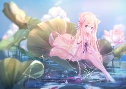 Rule 34 | 1girl, animal ear fluff, animal ears, bare shoulders, barefoot, blonde hair, blue eyes, blue sky, blush, breasts, cleavage, closed mouth, cloud, commentary, day, english commentary, highres, long hair, looking at viewer, medium breasts, original, outdoors, peas (peas0125), sitting, sky, smile, solo, tail, very long hair, water