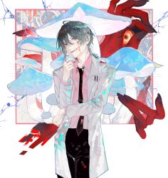 1boy black_eyes black_hair black_necktie chinese_commentary collared_shirt commentary_request cowboy_shot gae54 hair_between_eyes highres lab_coat long_sleeves male_focus medium_hair mo_chengwei mole mole_under_mouth necktie open_clothes open_mouth pink_shirt red_pupils shirt smile solo touqi_guaitan