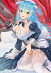 Rule 34 | 1girl, :d, alternate breast size, apron, arm support, azur lane, between breasts, blue dress, blue hair, blush, breast hold, breasts, clothes lift, commentary request, detached sleeves, dress, dress lift, frilled dress, frills, from side, garter straps, hair between eyes, happy, highres, indoors, kneeling, large breasts, lifting own clothes, long hair, looking at viewer, lucky daikichi, maid headdress, neptune (azur lane), on bed, open mouth, panties, polearm, shell hair ornament, skindentation, smile, solo, thighhighs, trident, underwear, very long hair, waist apron, weapon, white apron, white panties, yellow eyes