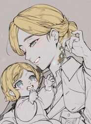 Rule 34 | 2girls, baby carry, blonde hair, blue eyes, blush, carrying, krista lenz, collared jacket, earrings, eyelashes, grfaott, happy, jacket, jewelry, mother and daughter, motherly, multiple girls, one eye closed, partially colored, shingeki no kyojin, short hair, upper body