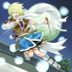 Rule 34 | 1girl, adapted costume, arm warmers, bad id, bad pixiv id, blonde hair, d:, d:&lt;, dual wielding, full moon, green eyes, hair over one eye, holding, kurirou, looking at viewer, mizuhashi parsee, moon, ninja, open mouth, round teeth, sash, scarf, short hair, short sleeves, solo, sword, tabi, teeth, torn clothes, torn scarf, touhou, v-shaped eyebrows, wakizashi, weapon, white scarf