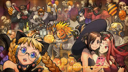 Rule 34 | area, arika, balloon, black dress, breasts, brown hair, candle, candy, cleavage, dog, dress, food, full body, gloves, halloween, halloween costume, headphones, highres, long hair, long sleeves, looking at viewer, multiple girls, official art, official wallpaper, open mouth, pumpkin, short hair, skullomania, smile, street fighter, street fighter ex (series)