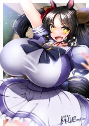 Rule 34 | + +, 1girl, animal ears, black hair, black ribbon, blurry, blurry background, bouncing breasts, bow, bowtie, breasts, dot nose, dress, dutch angle, eyelashes, fang, female focus, highres, horse ears, huge breasts, kyosuke fujiwara, looking at viewer, marvelous sunday (umamusume), open mouth, ribbon, shiny skin, skin fang, smile, solo, sparkling eyes, thick thighs, thighs, twintails, umamusume, white dress, yellow eyes