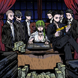 Rule 34 | 1girl, 6+boys, bbtanyoungboy, beanie, breasts, buzz cut, cleavage, curtains, formal, green eyes, green hair, gun, hat, hime cut, hip hop, jewelry, large breasts, long hair, looking at viewer, mafia, male focus, money, multiple boys, necklace, original, parted bangs, queen wasabi, real life, shirt, short hair, suit, suitcase, sunglasses, table, very short hair, watch, weapon, white shirt, window